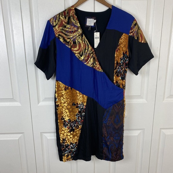 HD In Paris size 0 Anthropologie Dress Shift Wrap Velvet Boho Mini Gold Silk - Picture 1 of 5